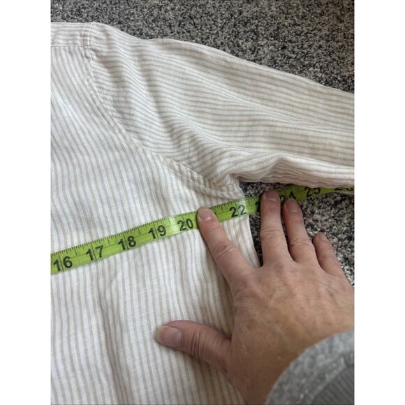 Chico’s No-iron Button-up Linen Roll Sleeve Blouse Size 2 Large Tan White Stripe - Picture 7 of 9